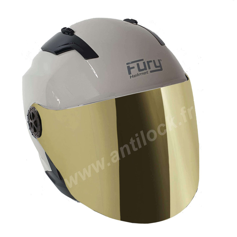 FURY CASQUE JET RACE BLANC CASSE AVEC VISIÈRE MIROIR OR