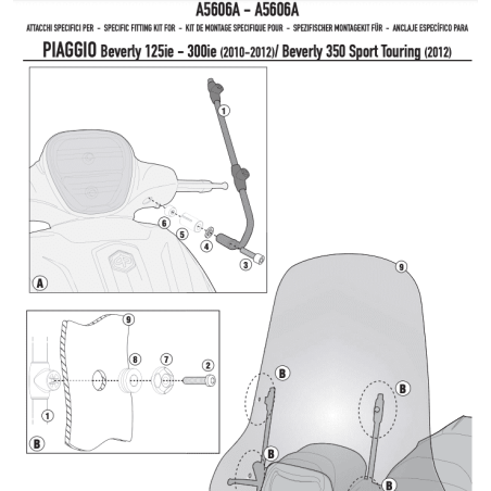 Kit De Pare-Brise GIVI 106A Et Supports A106A Pour Piaggio Beverly 500