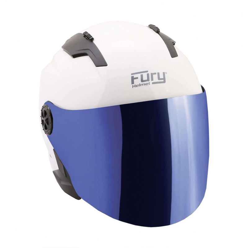 FURY CASQUE JET RACE BLANC MAT AVEC VISIÈRE MIROIR BLEU