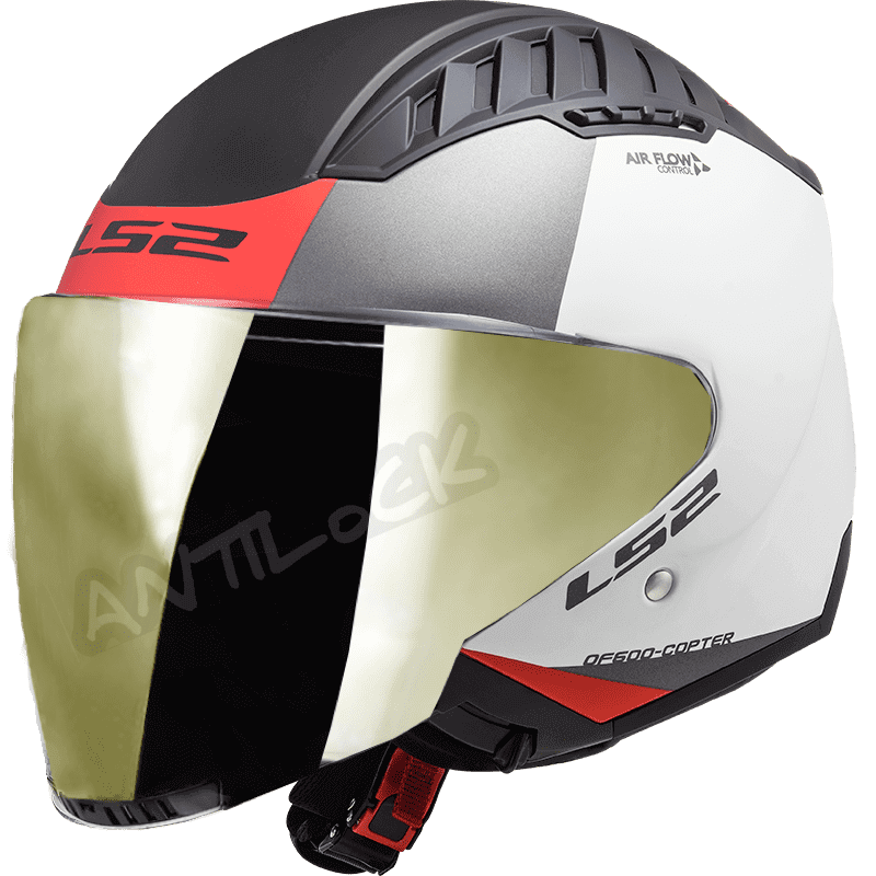 LS2 CASQUE JET OF600 COPTER URBANE BLANC MAT ROUGE AVEC VISIÈRE MIROIR OR